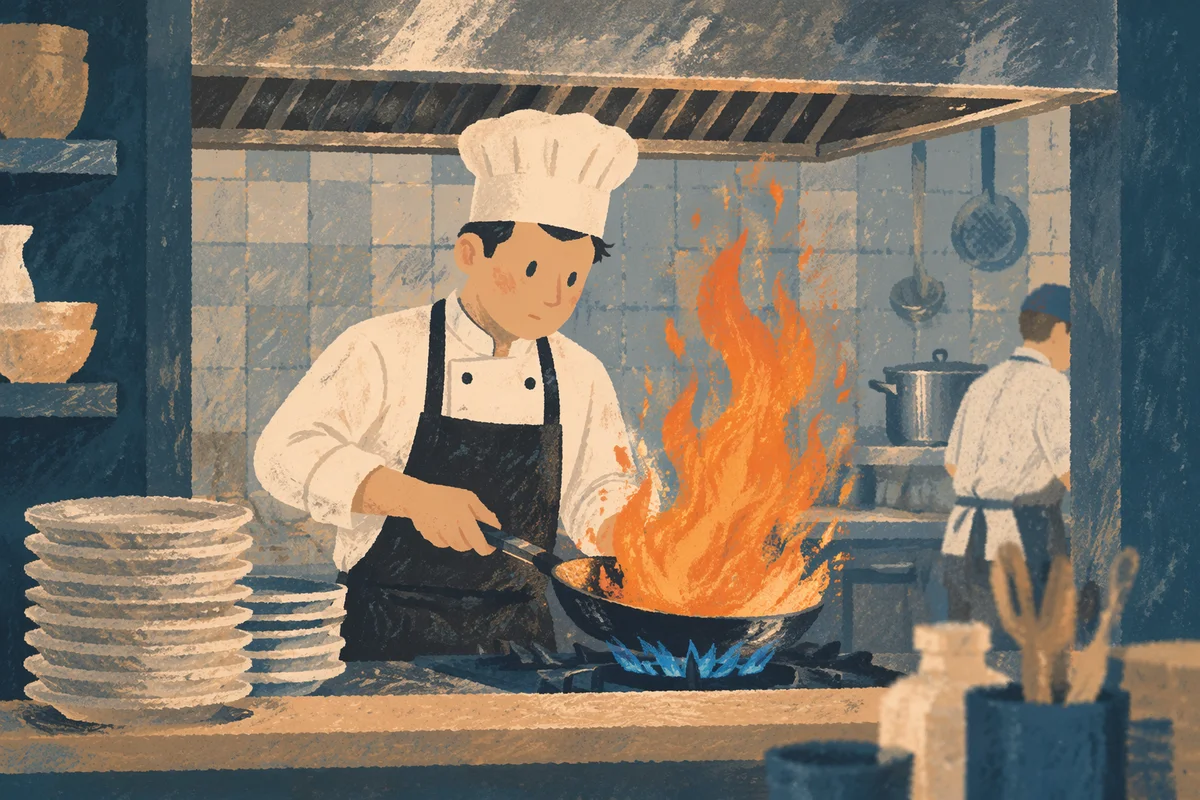Chef Cooking Over Flames in Restaurant Kitchen