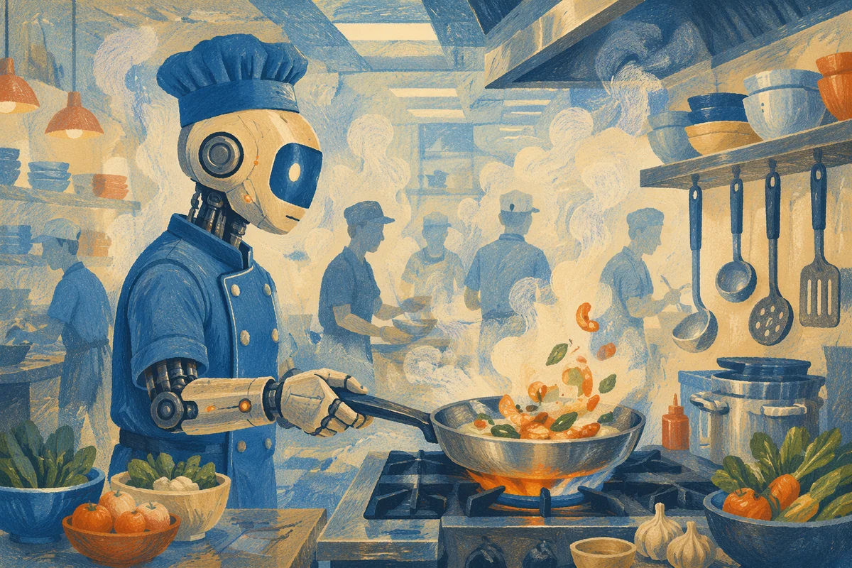 Robotic Chef Cooking in Futuristic Restaurant Kitchen