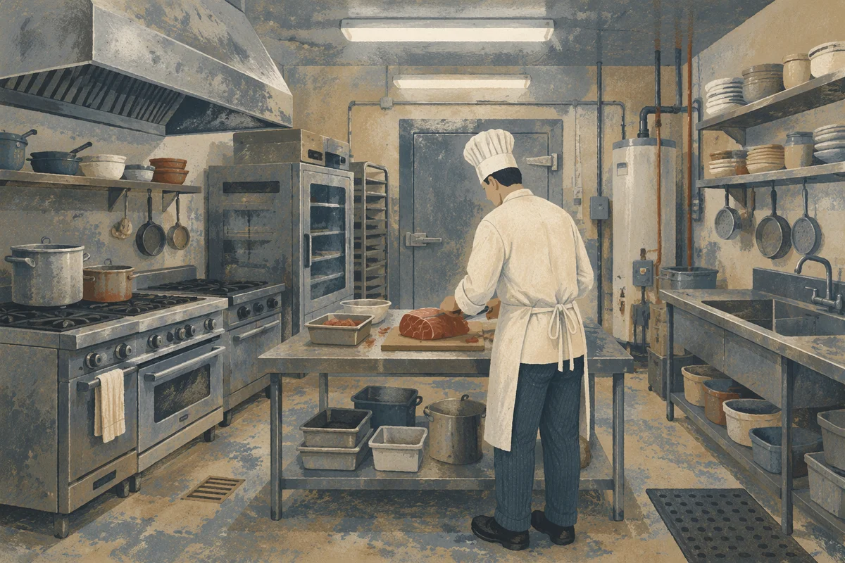 Chef Preparing Meat in Commercial Kitchen
