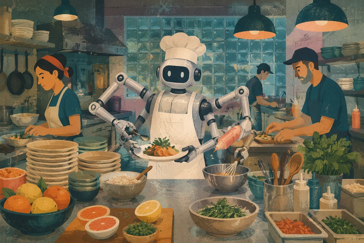 Automated Chef in Busy Restaurant Kitchen