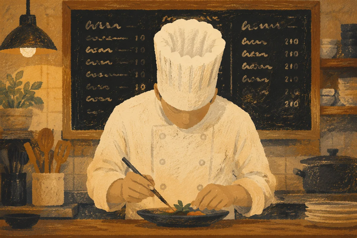 Chef Preparing in Warm Restaurant Kitchen