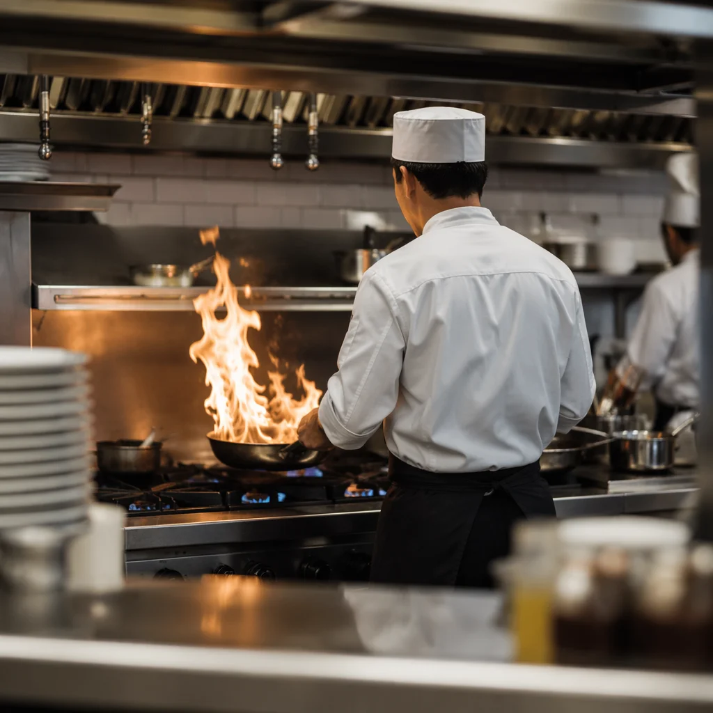 Chef Cooking Over Flames in Restaurant Kitchen
