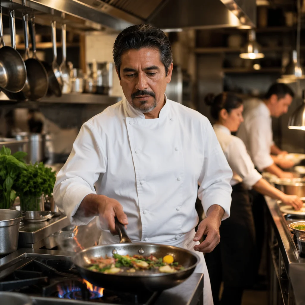 Focused Chef Cooking in Upscale Kitchen