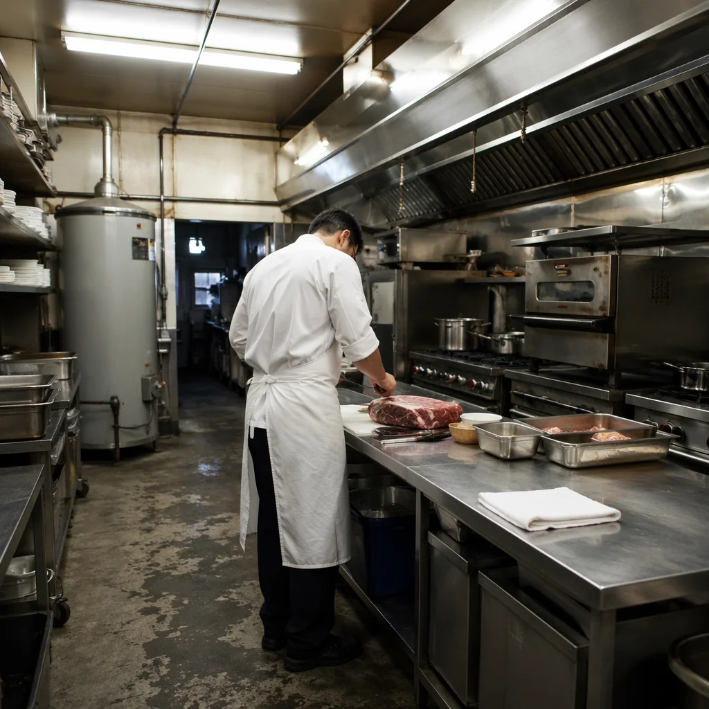 Chef Preparing Meat in Commercial Kitchen