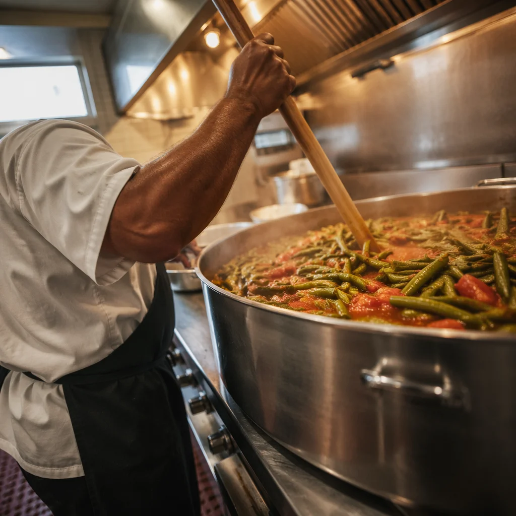 Chef Stirring Simmering Sauce in Restaurant Kitchen