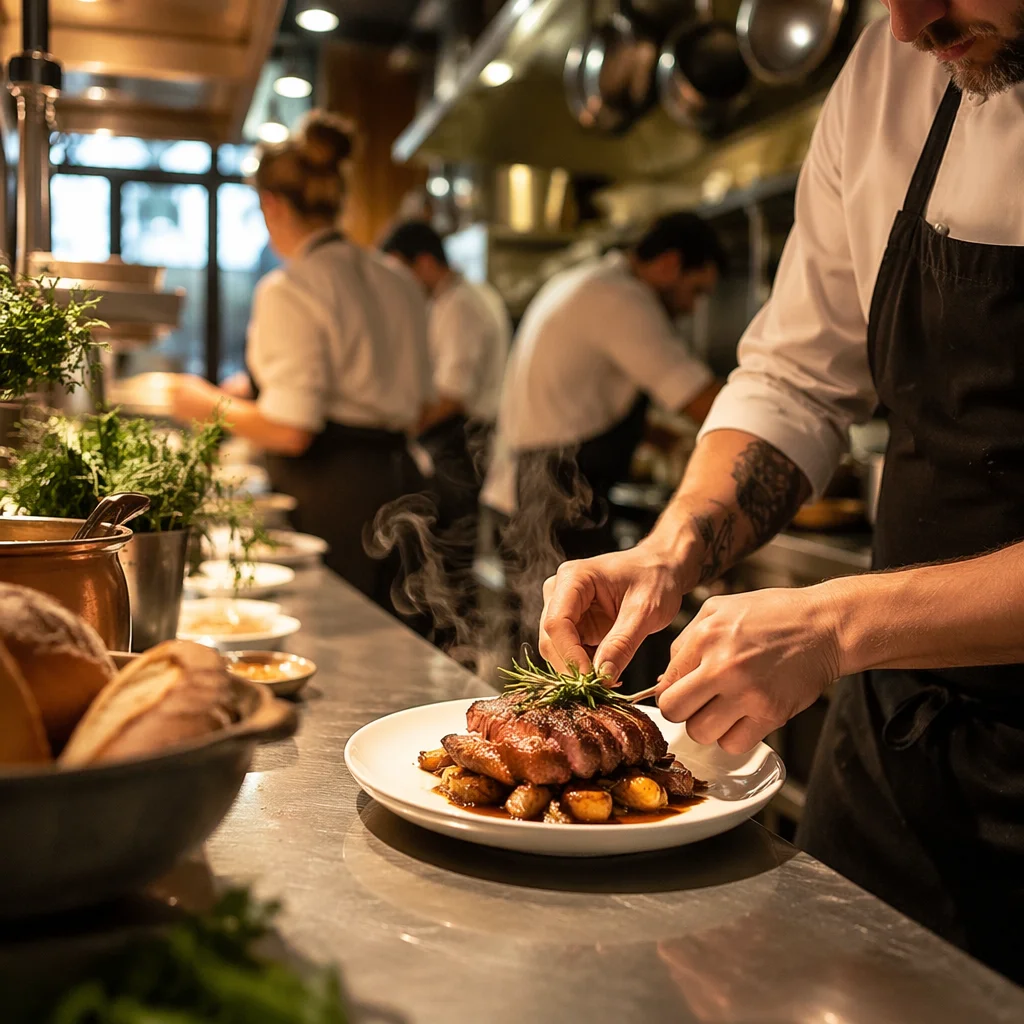 Chef Plating Meal in Busy Restaurant Kitchen