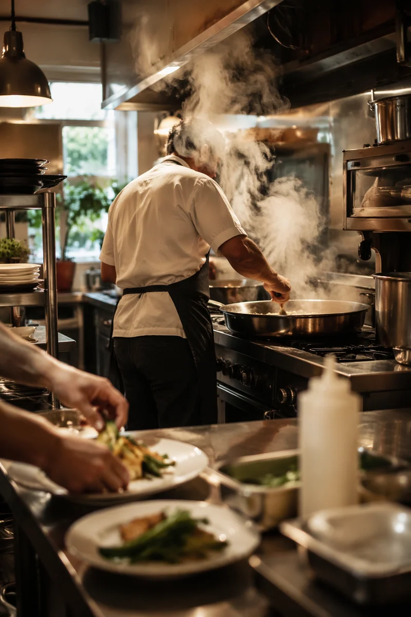 Chef Cooking in Busy Restaurant Kitchen