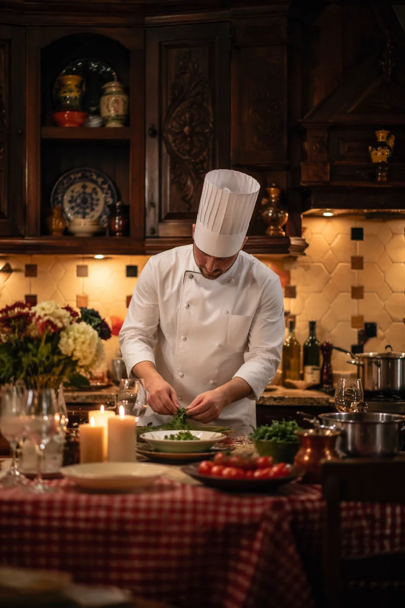 Professional Chef Cooking in Warm Restaurant Kitchen