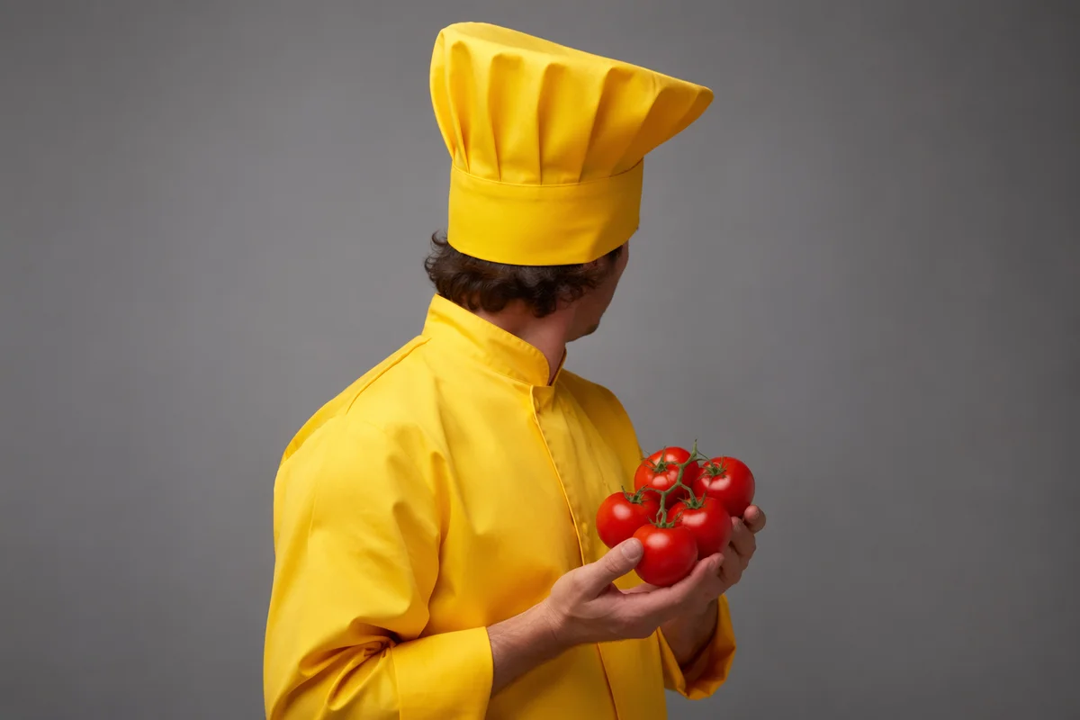 Chef Holding Fresh Tomatoes in Yellow Uniform