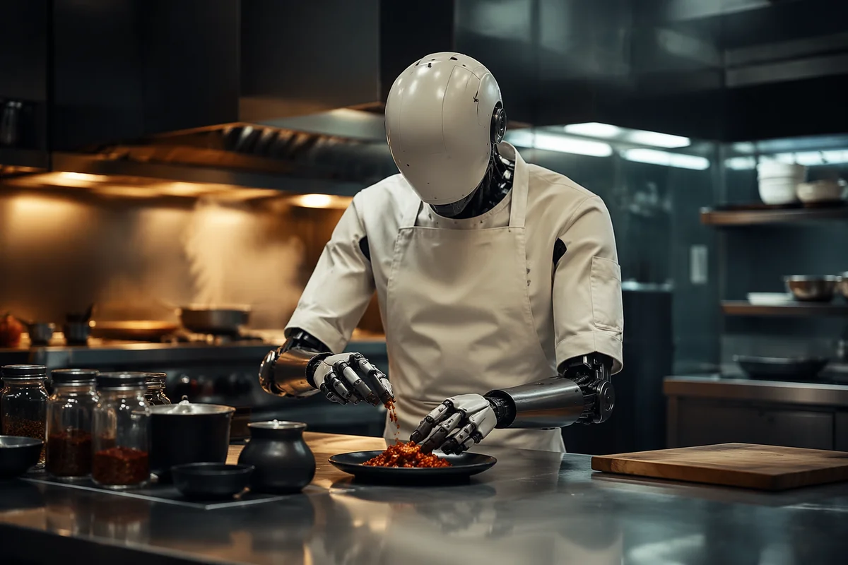 Futuristic Robot Chef in Restaurant Kitchen