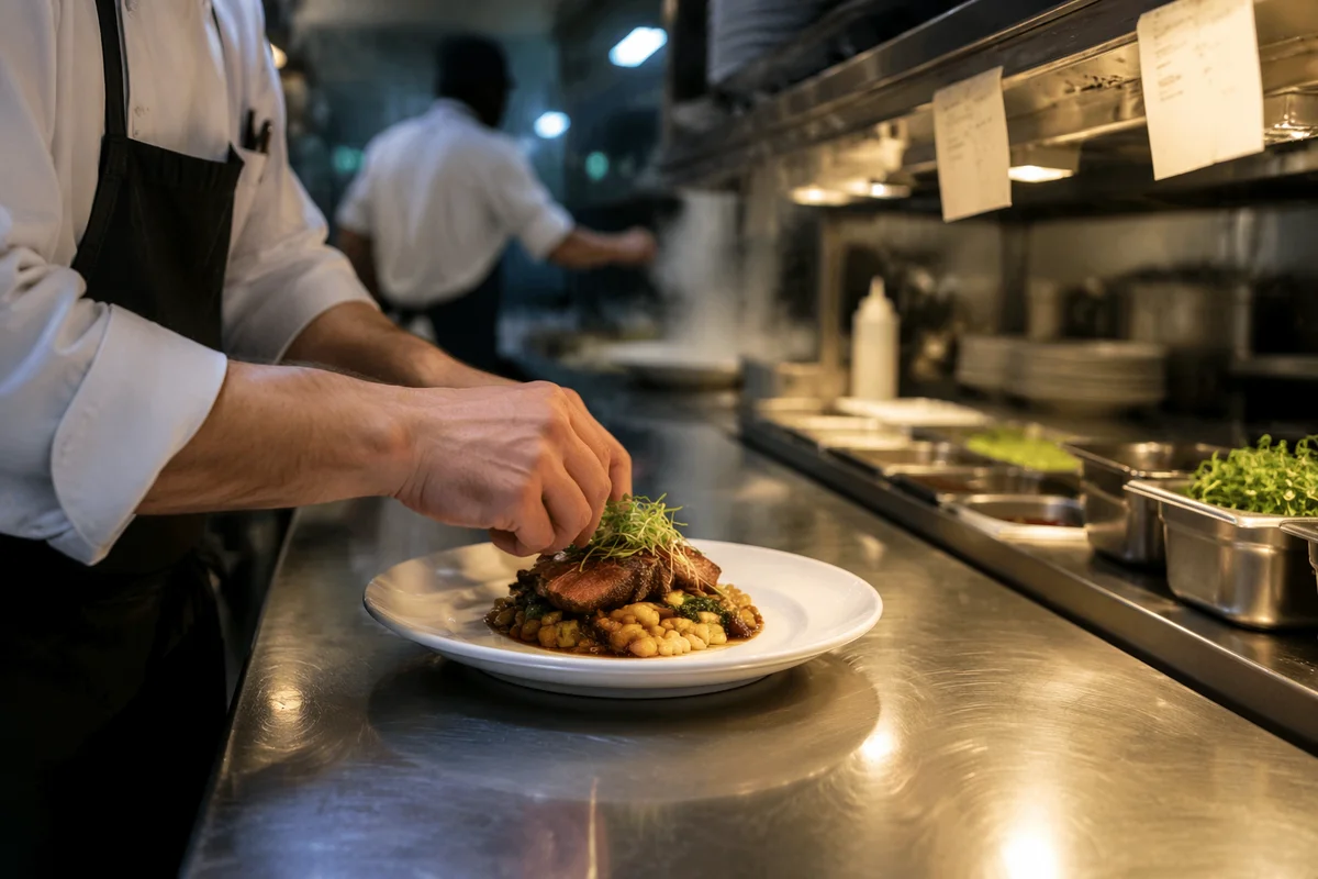 Chef Plating Fine Dining in Busy Kitchen