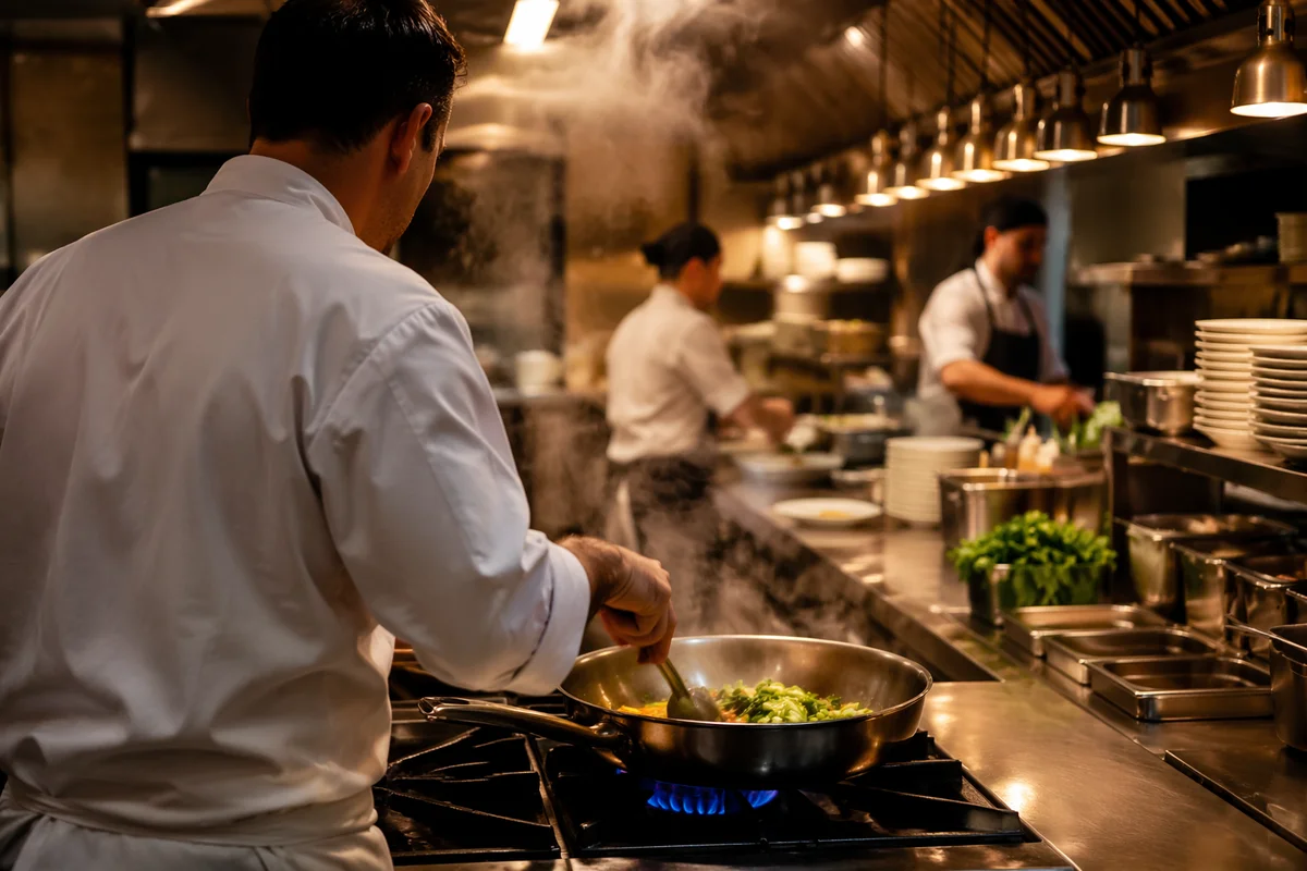 Chef Cooking in Busy Restaurant Kitchen