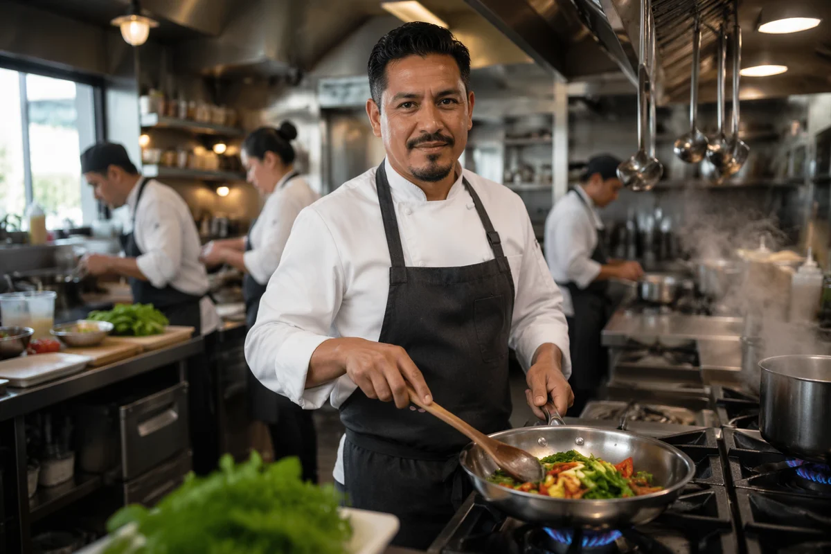 Chef Cooking Vegetables in Restaurant Kitchen
