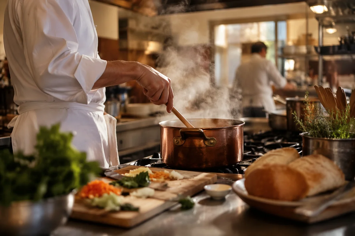 Chef Cooking in Busy Restaurant Kitchen
