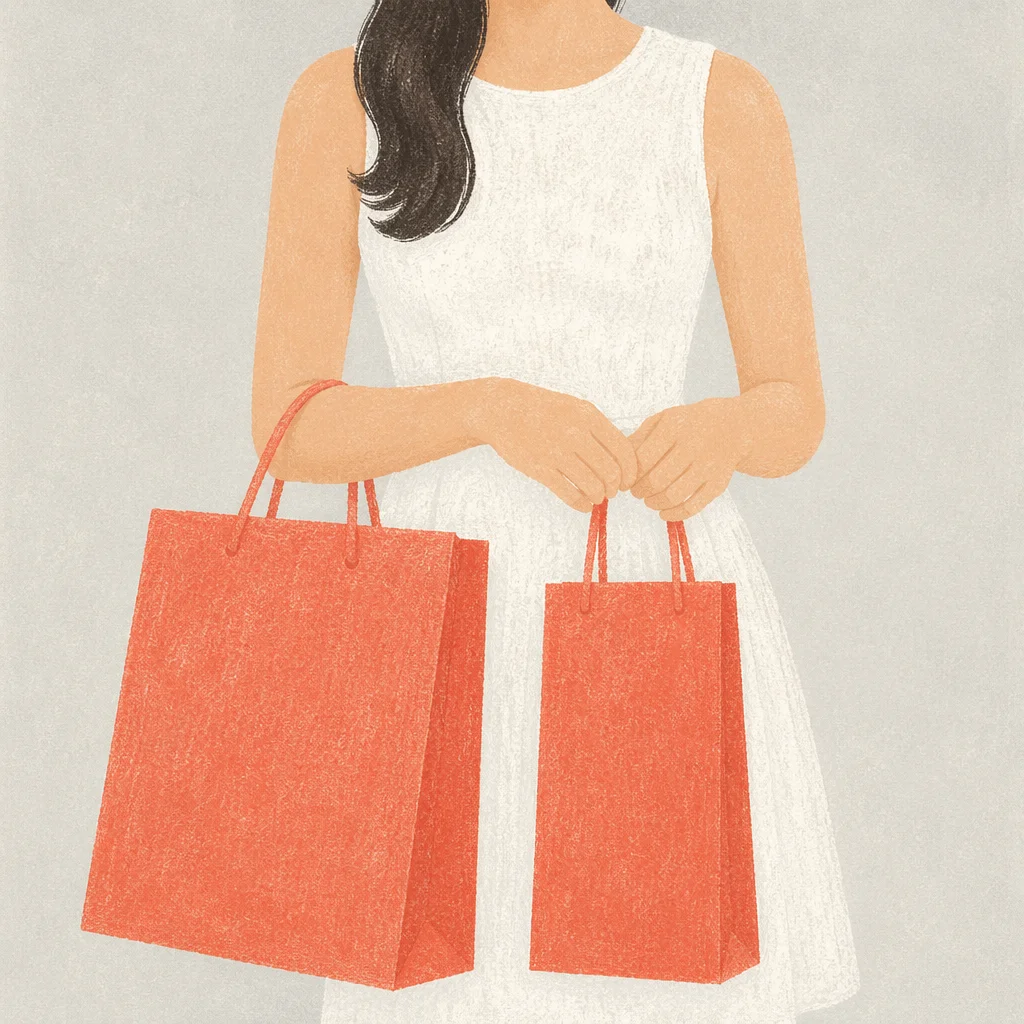 Elegant Shopper Holding Coral Retail Bags