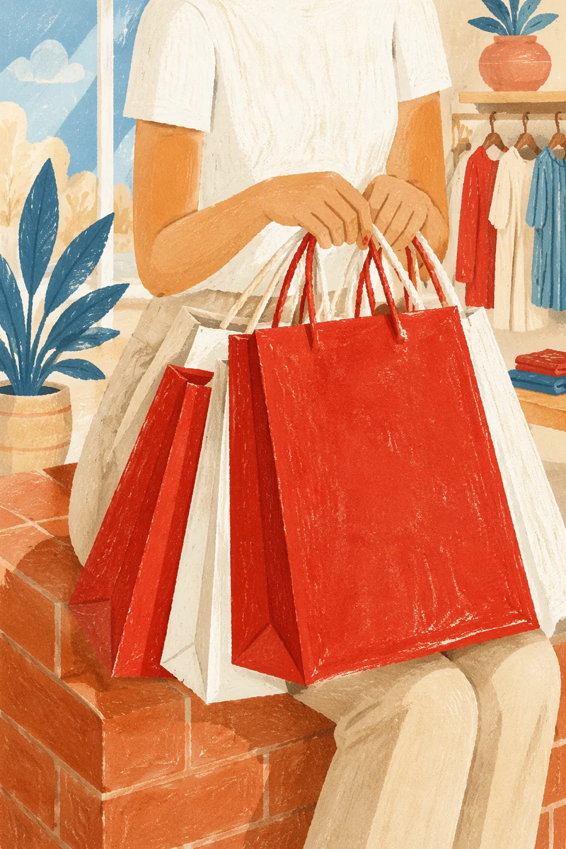 Shopper Holding Red Bags in Retail Store
