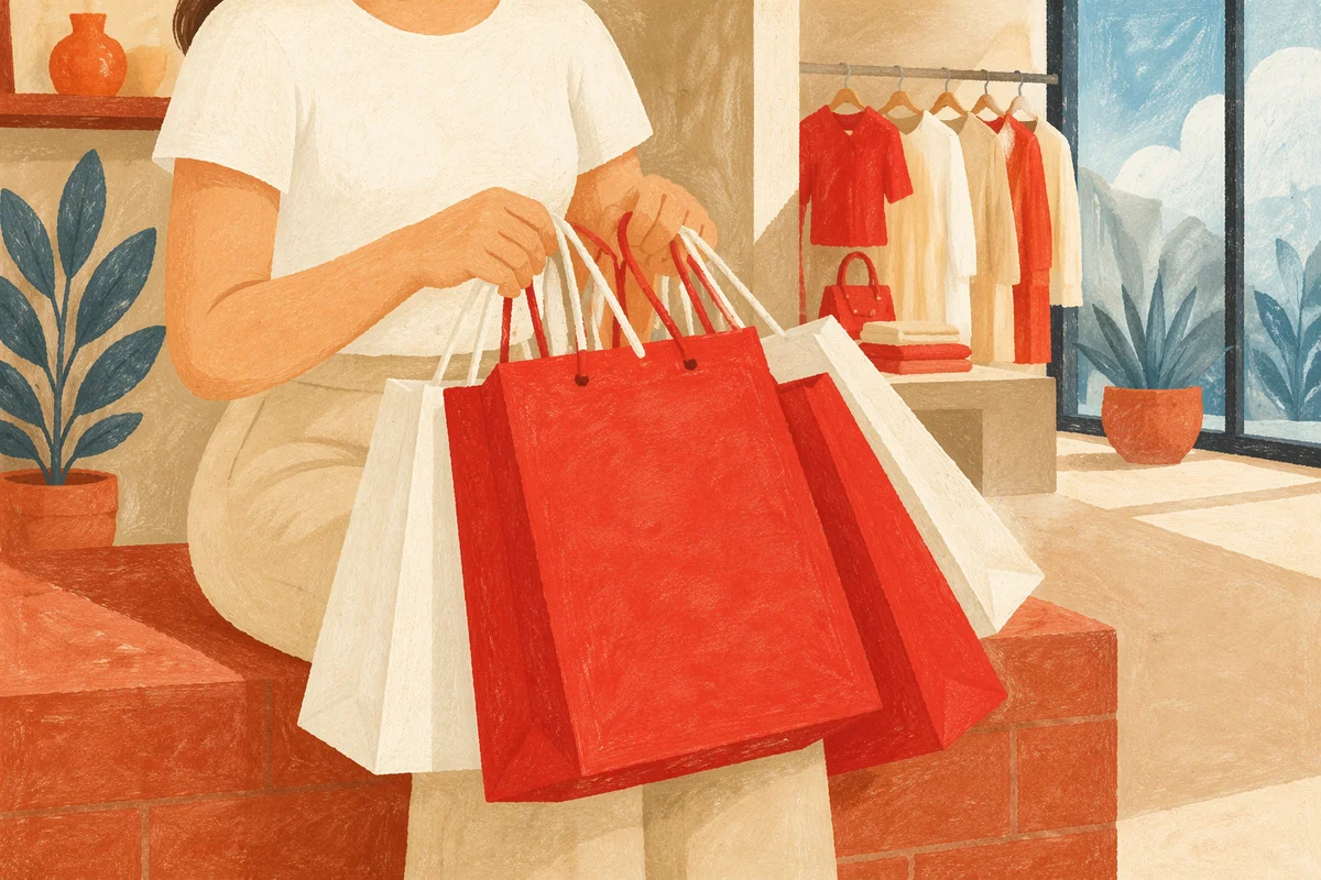 Shopper Holding Red Bags in Retail Store