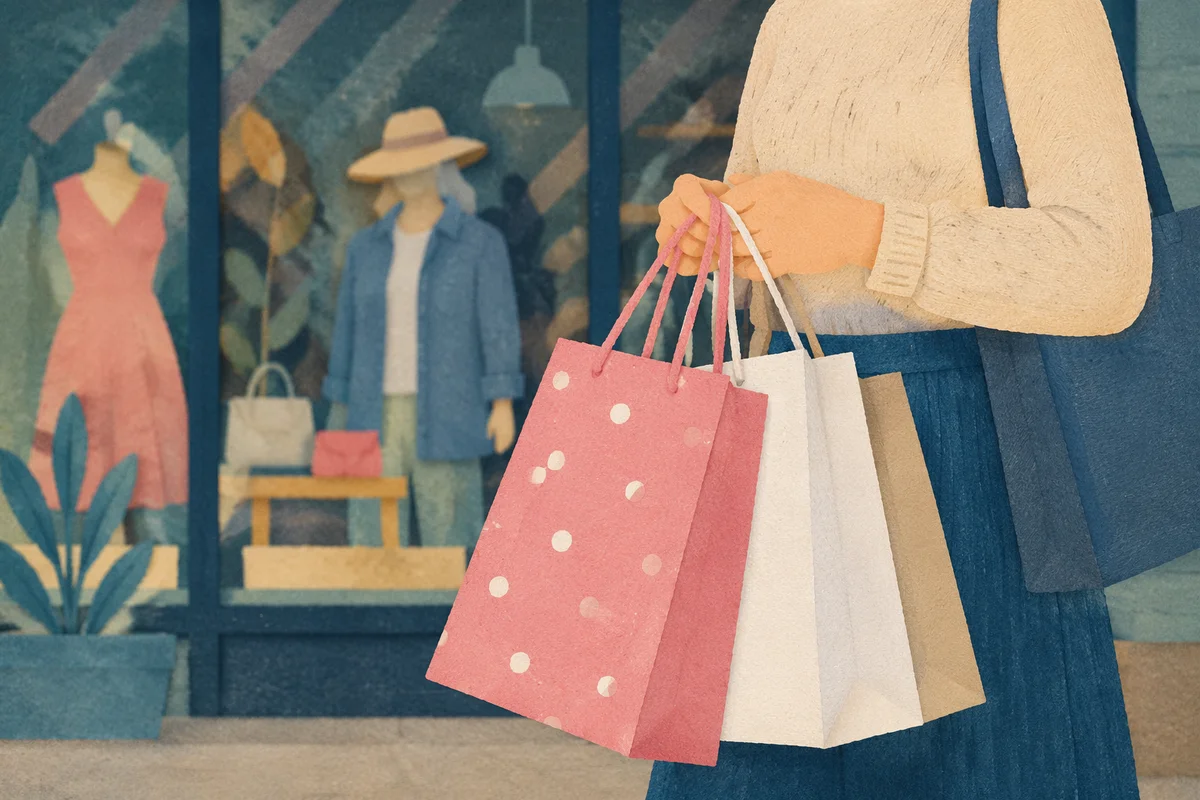 Shopper Holding Colorful Bags Outside Boutique
