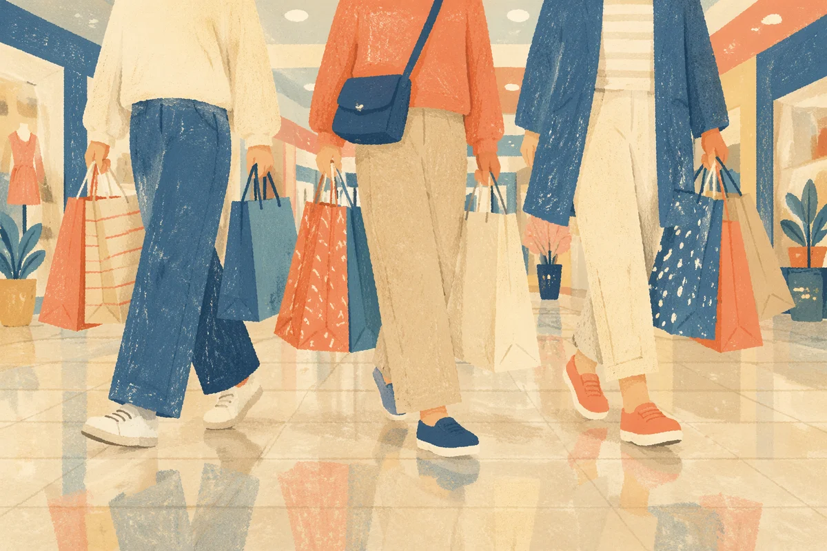Shoppers Carrying Colorful Bags in Modern Mall