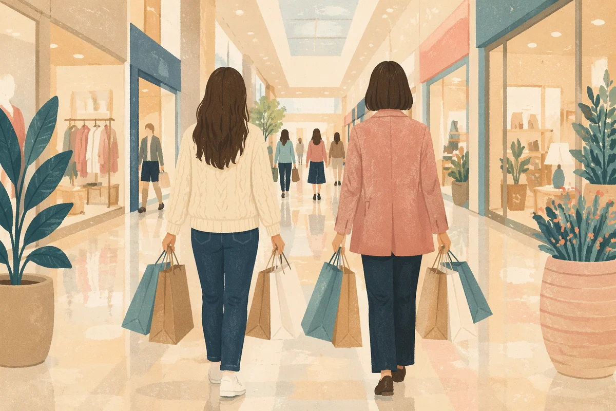 Shoppers Carrying Bags in Bright Retail Mall