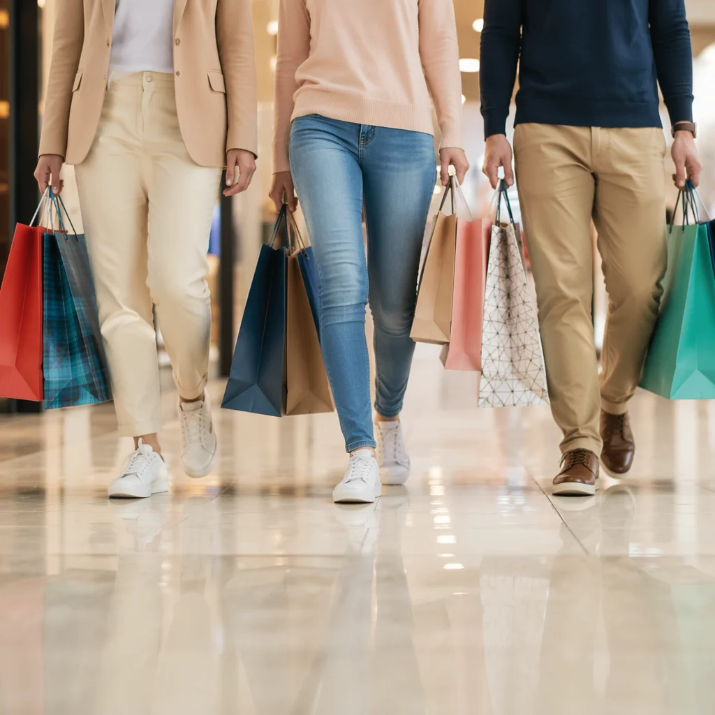 Shoppers Carrying Colorful Bags in Modern Mall