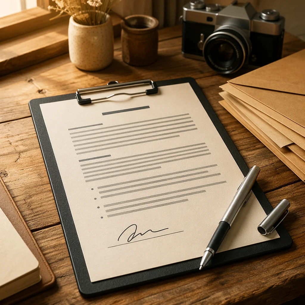 Business Contract Signing on Rustic Desk