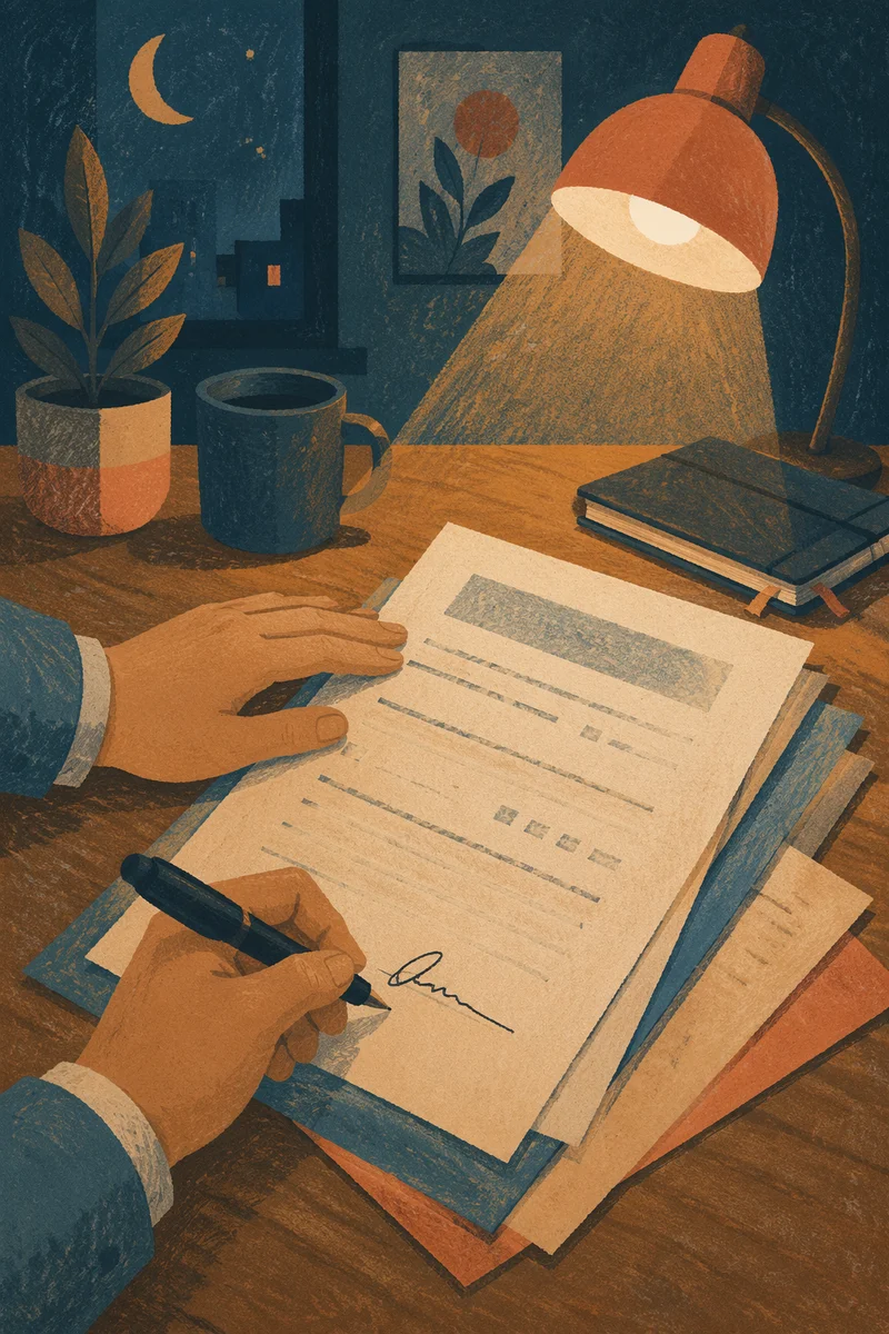 Signing Business Contract Under Warm Desk Light