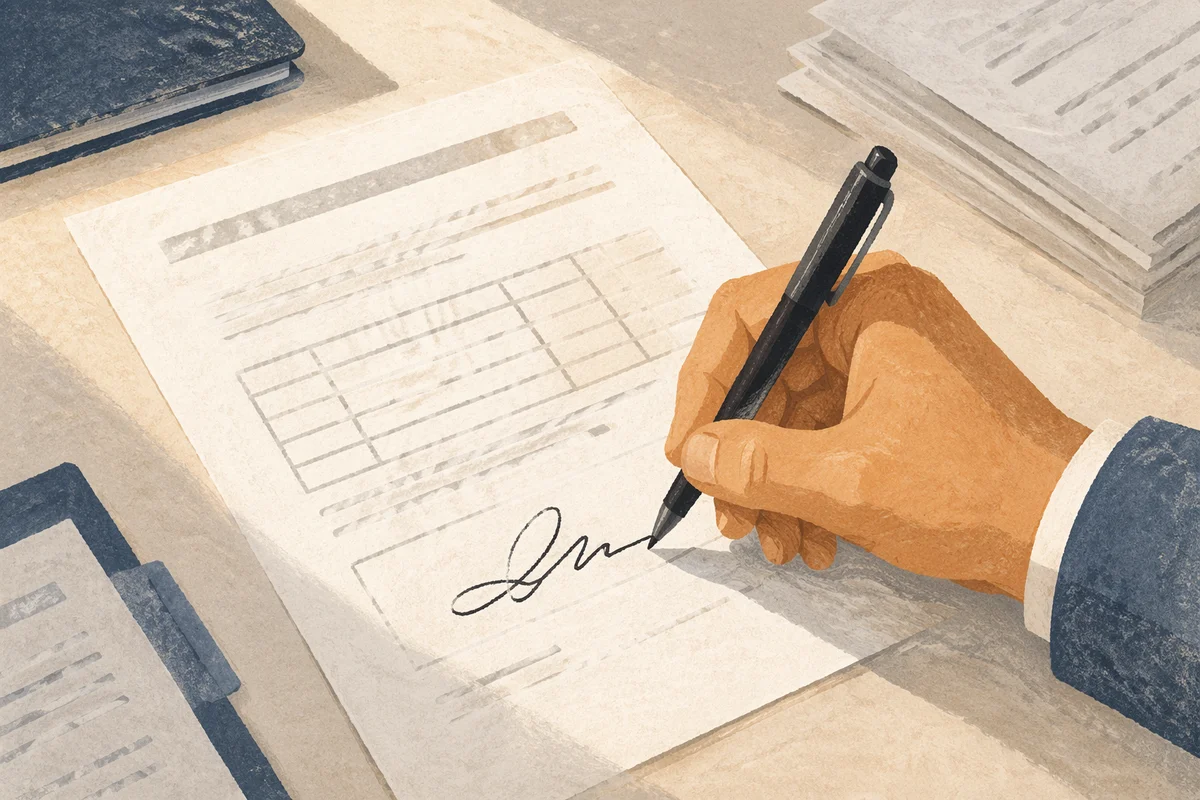 Hand Signing Business Contract in Sunlit Office