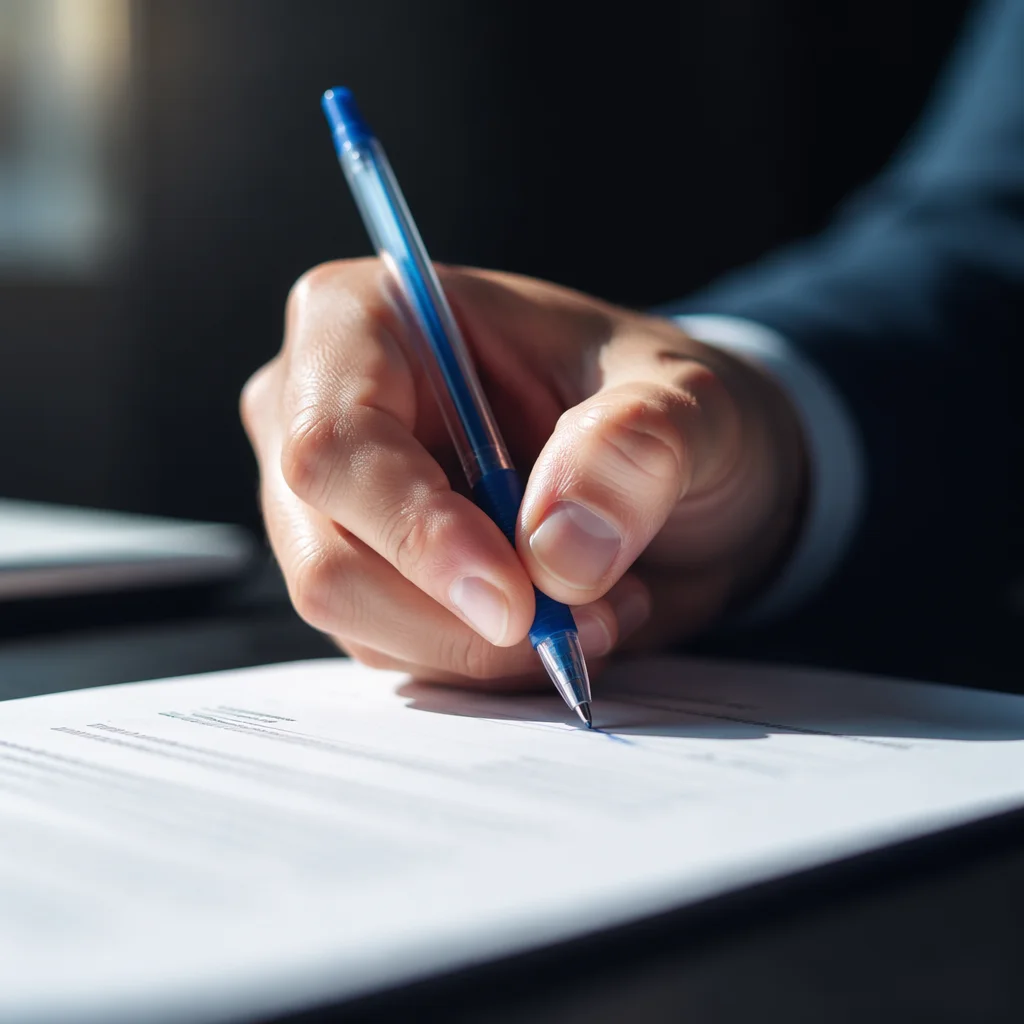 Hand Signing Business Contract with Blue Pen