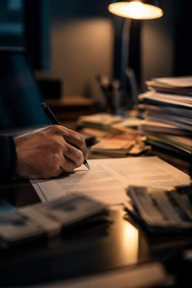 Hand Signing Contract on Moody Office Desk