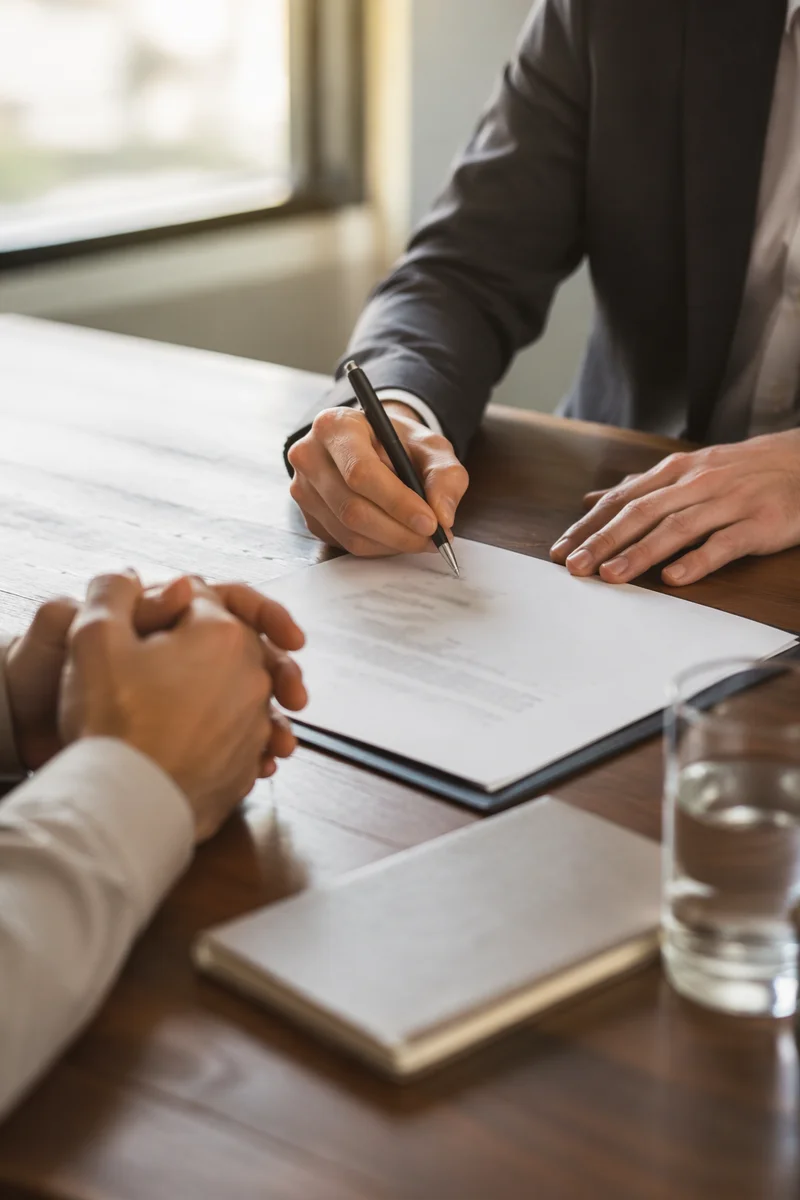 Professional Contract Signing at Wooden Conference Table