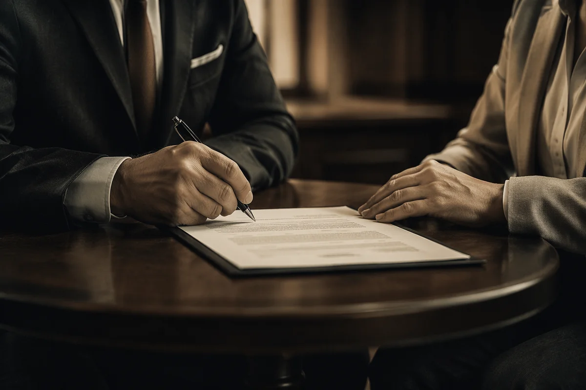 Signing a Contract at Wooden Table
