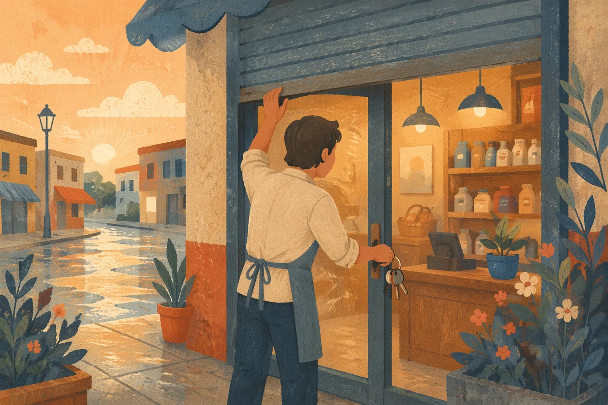 Small Business Owner Opening Shop at Sunrise