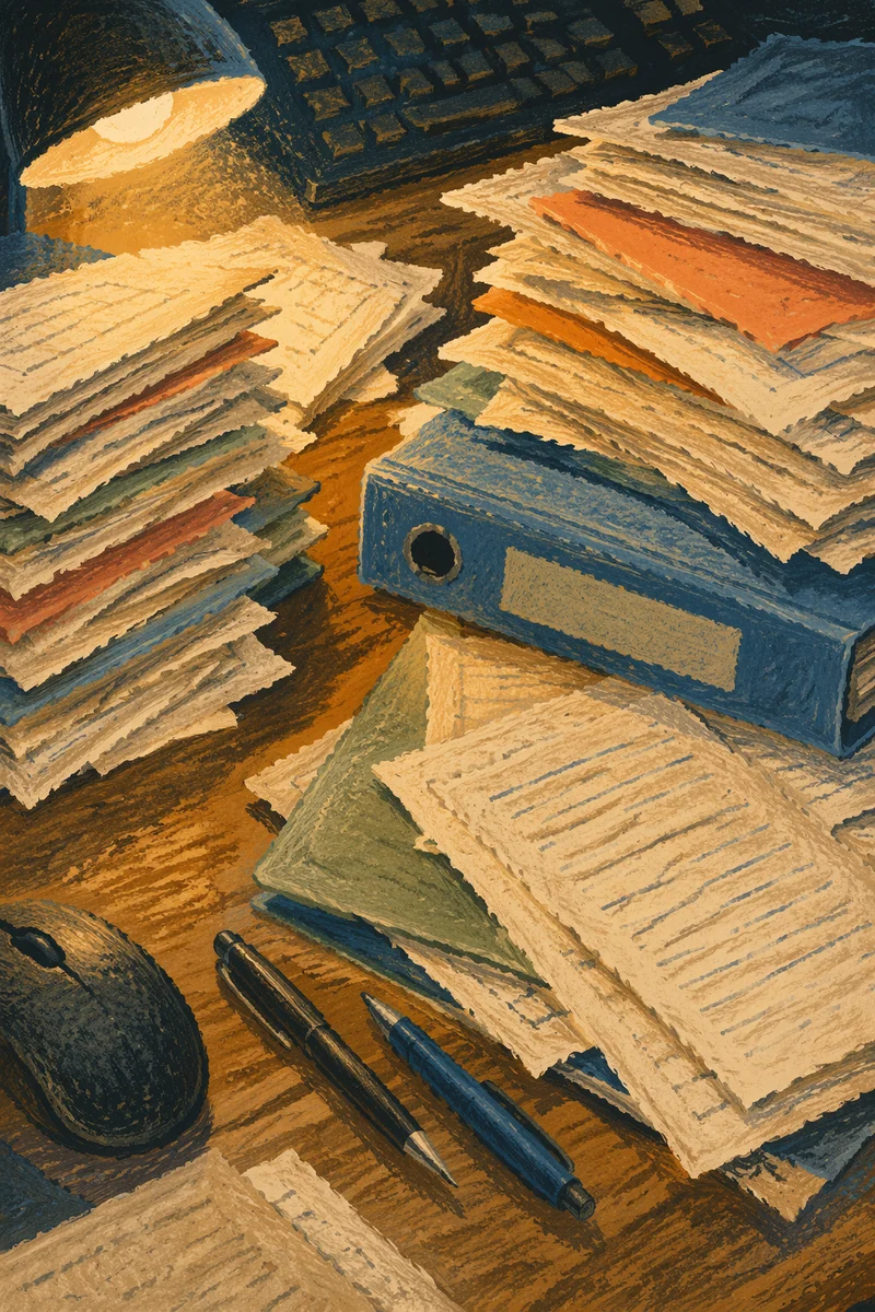 Overloaded Office Desk with Document Stacks