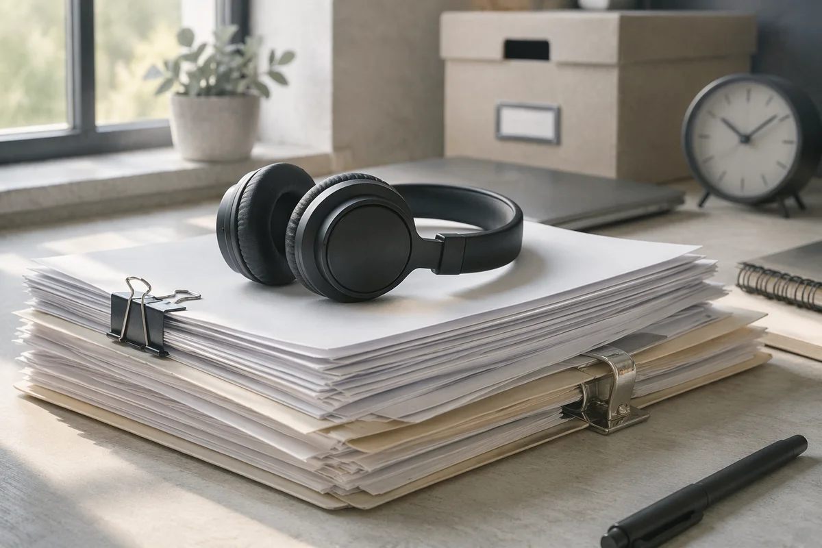 Document Stack with Headphones on Office Desk