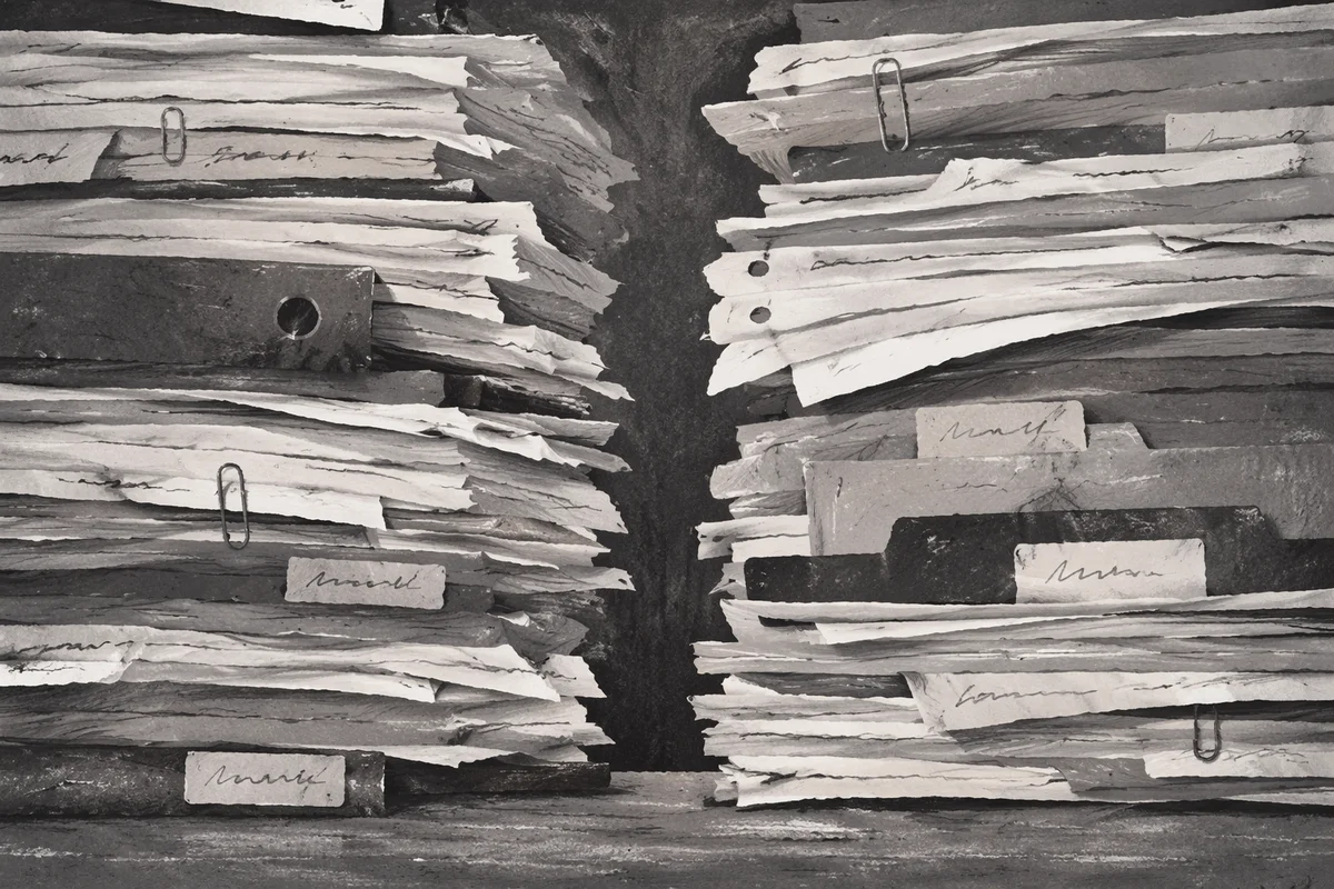 Messy Office Document Stacks in Grayscale