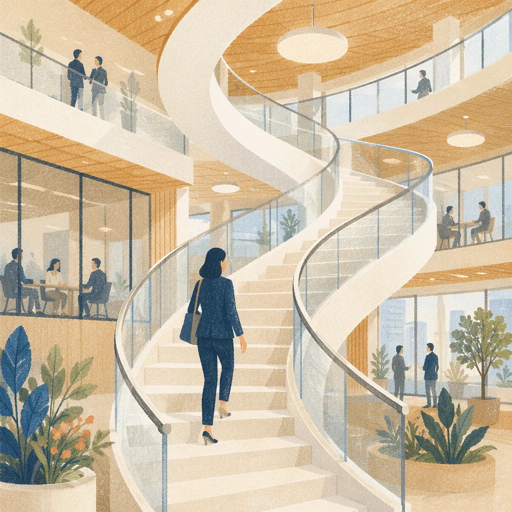 Ascending Spiral Staircase in Modern Office Atrium