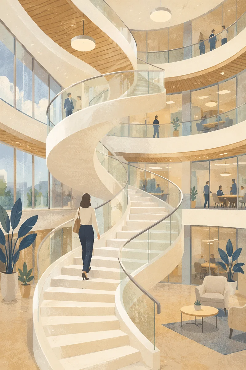 Ascending Spiral Staircase in Modern Office Atrium