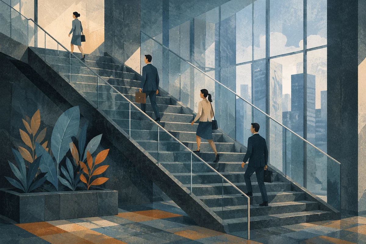 Ascending Staircase in Modern Office Atrium