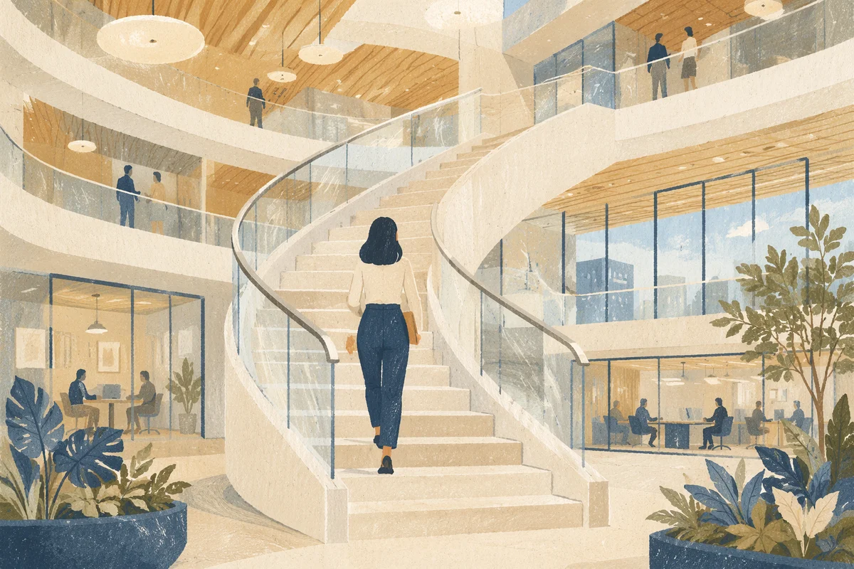 Ascending Spiral Staircase in Modern Office Atrium