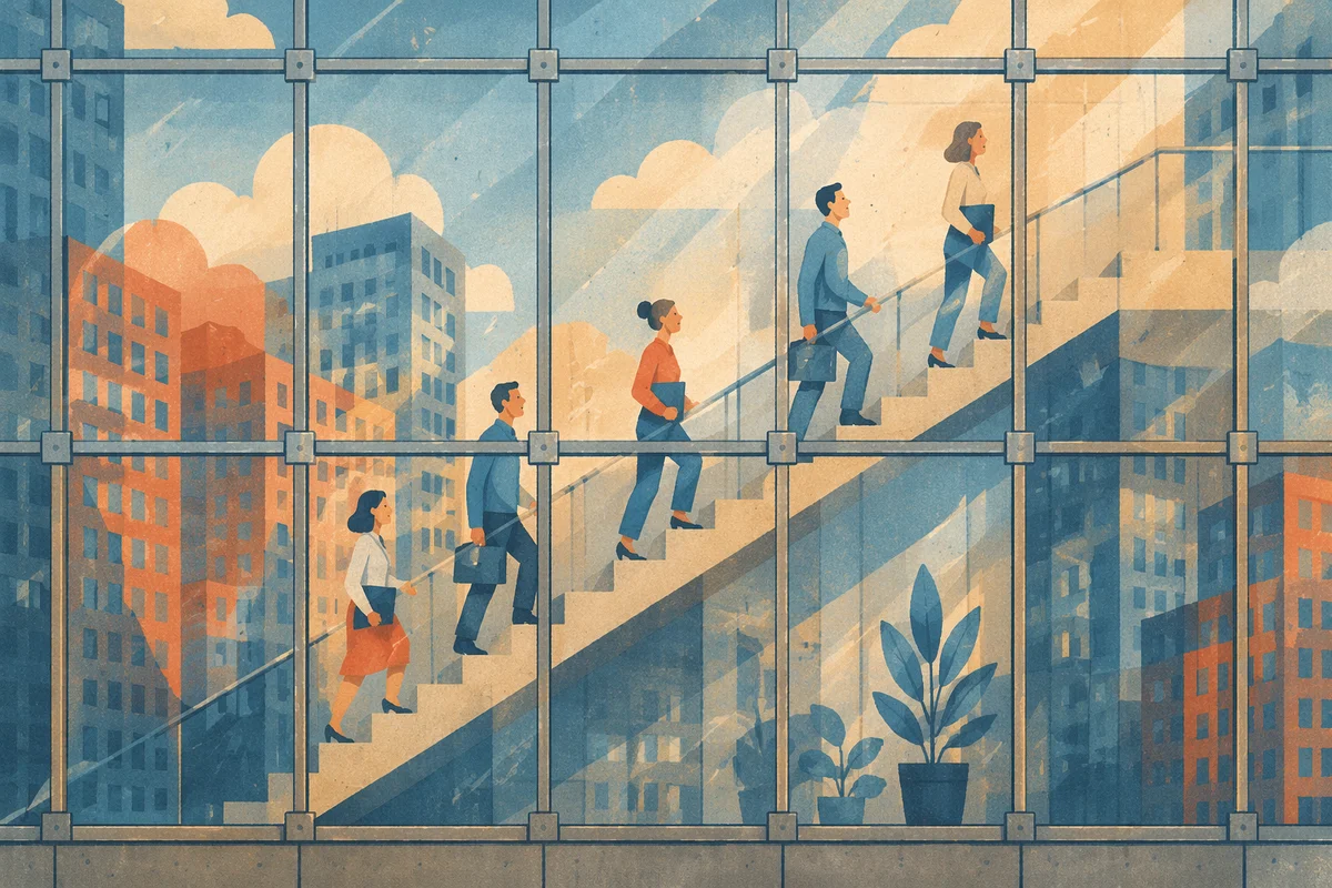 Ascending Office Staircase Behind Reflective Glass