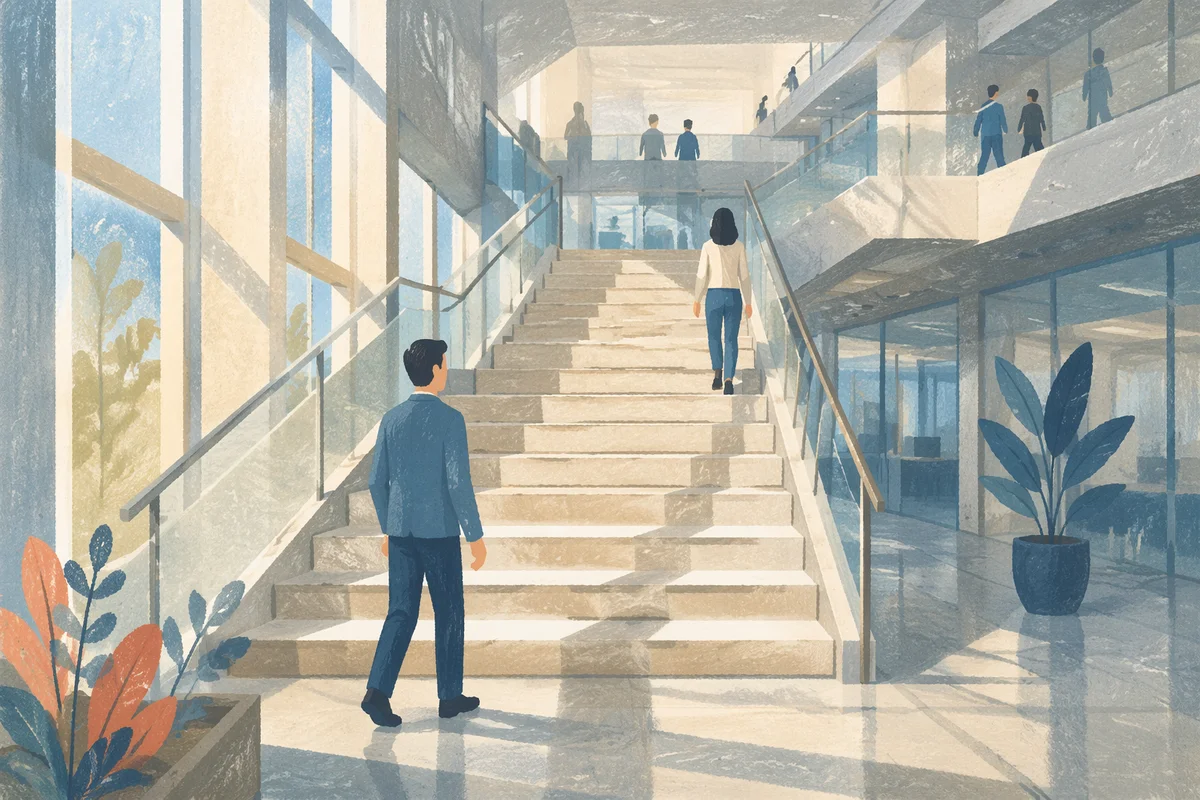 Ascending Staircase in Modern Office Atrium