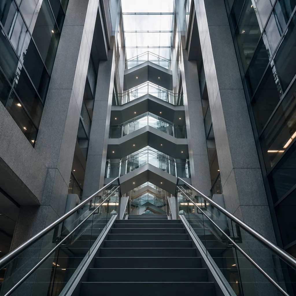 Ascending Staircase in Modern Office Atrium