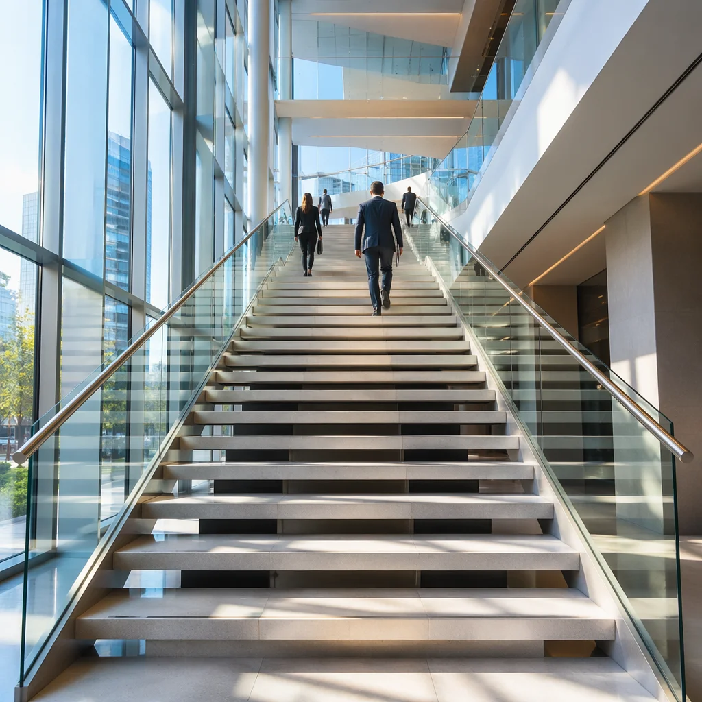 Ascending Staircase in Modern Glass Office Atrium