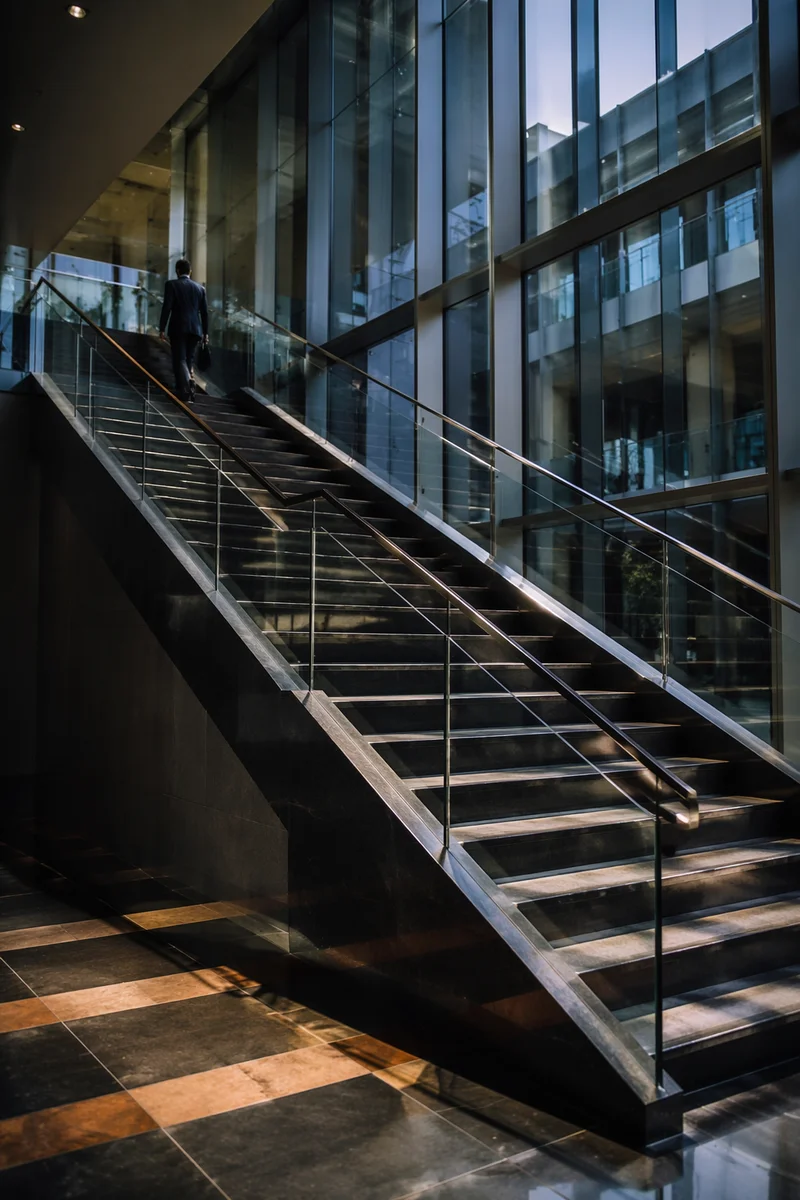 Ascending Staircase in Modern Corporate Atrium