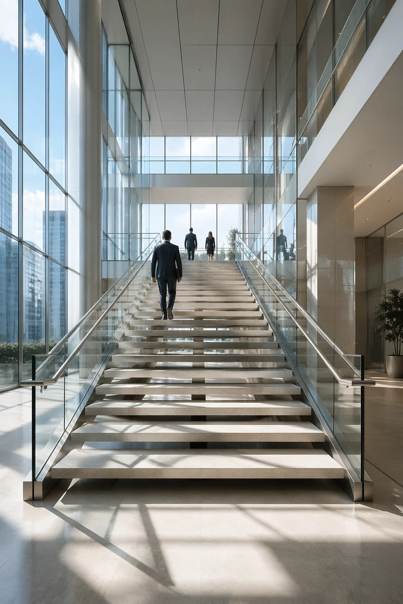 Ascending Staircase in Modern Glass Office Atrium