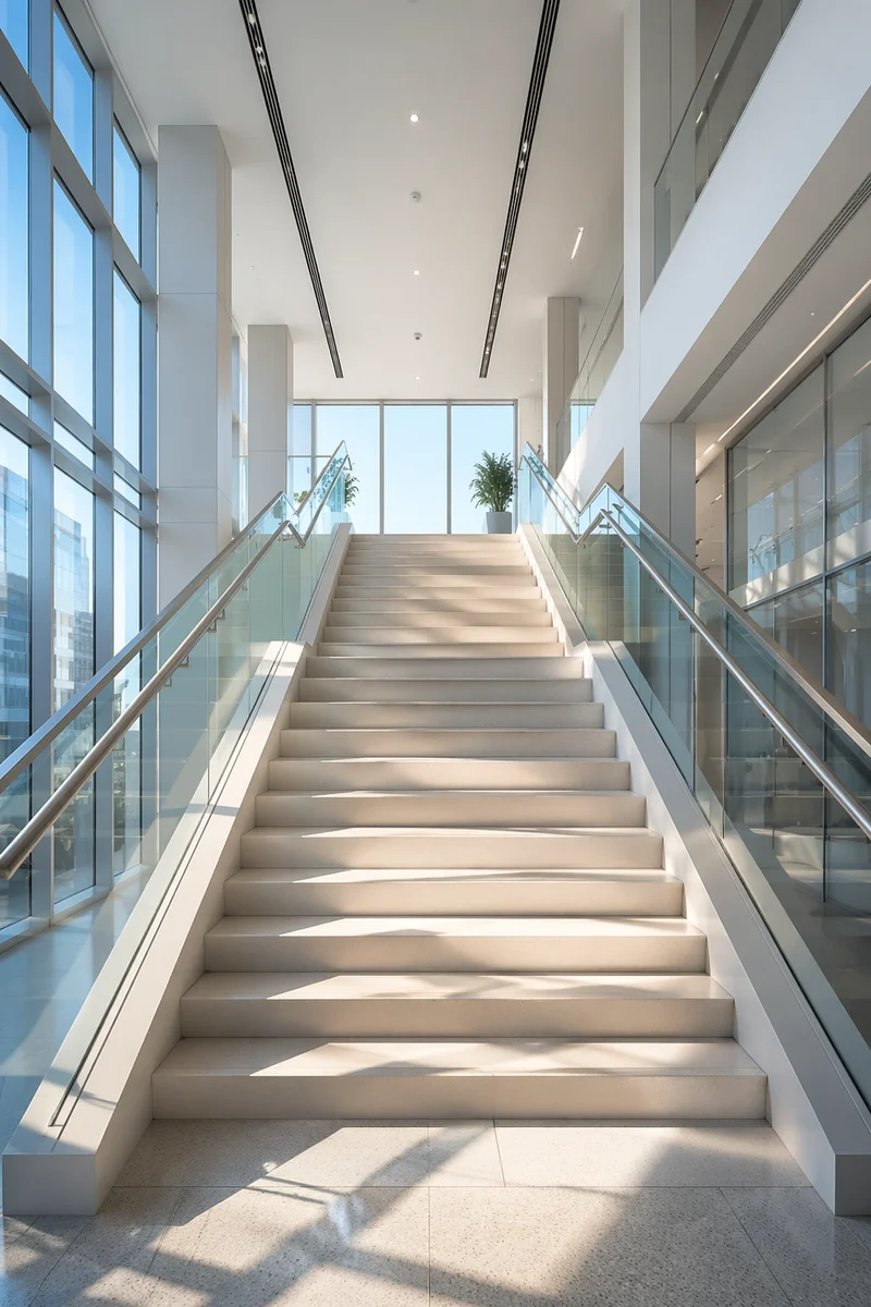 Ascending Staircase in Modern Office Atrium