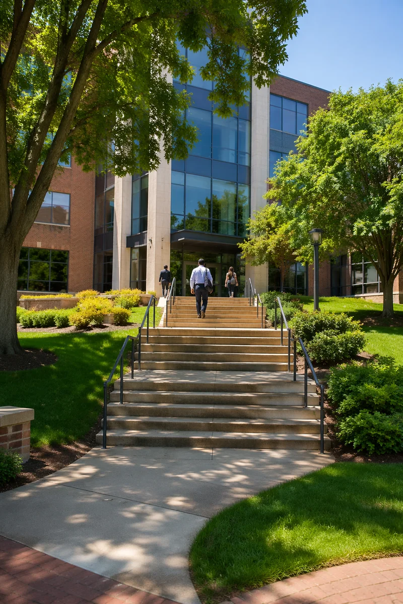 Ascending Staircase to Modern Office Entrance