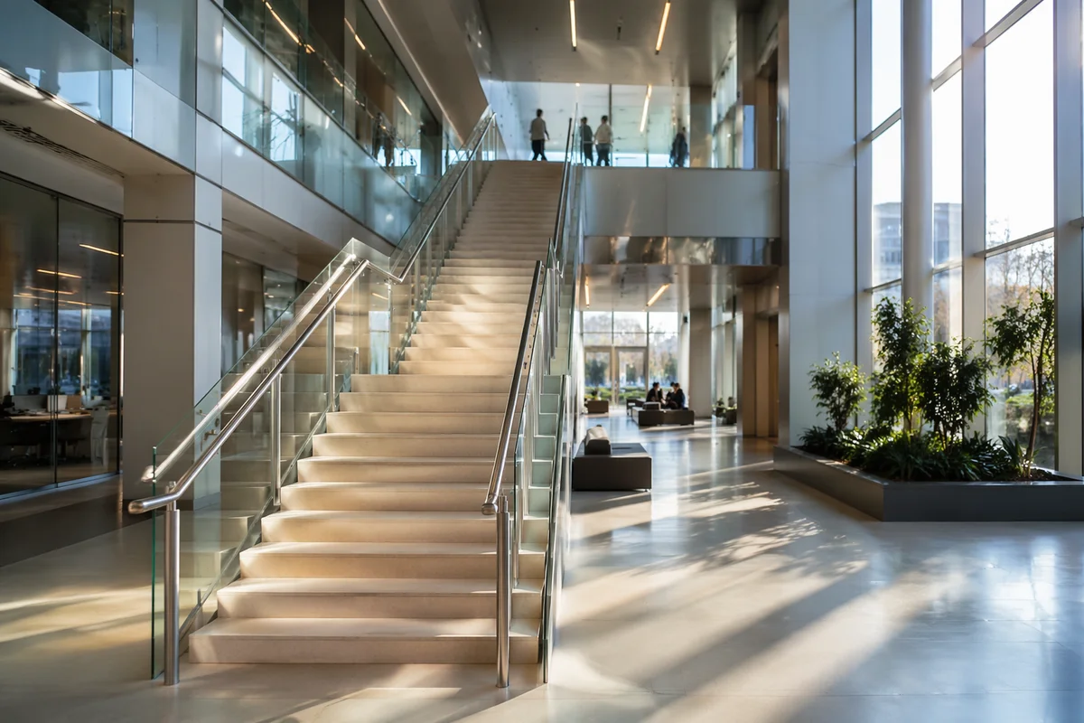Ascending Staircase in Modern Glass Office