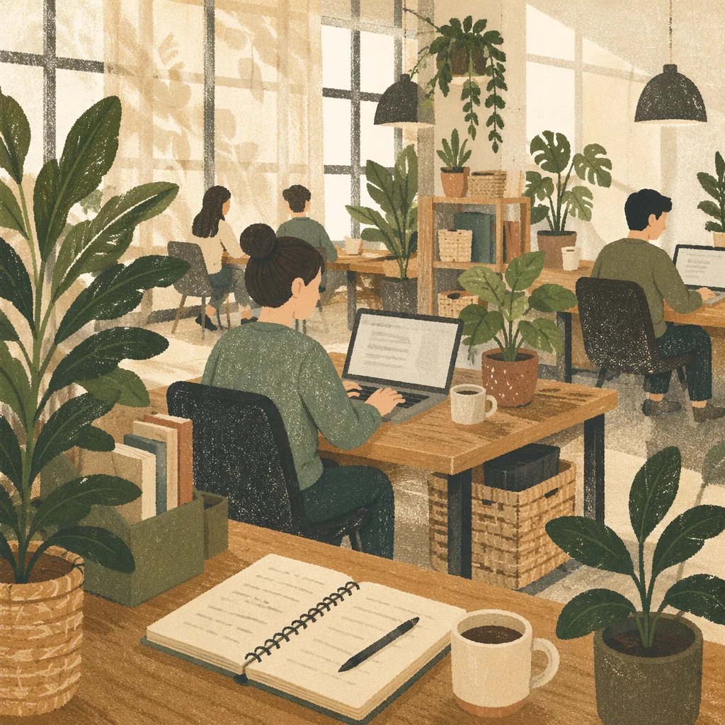 Bright Startup Office with Plants and Wood